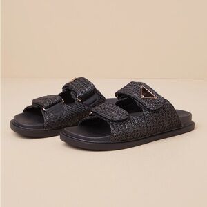 Lulus Nafisa Black Raffia Slide Sandals NEW